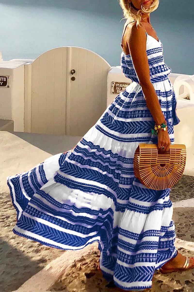 Geometric Printed Loose Ankle Maxi Dress(4 Colors)