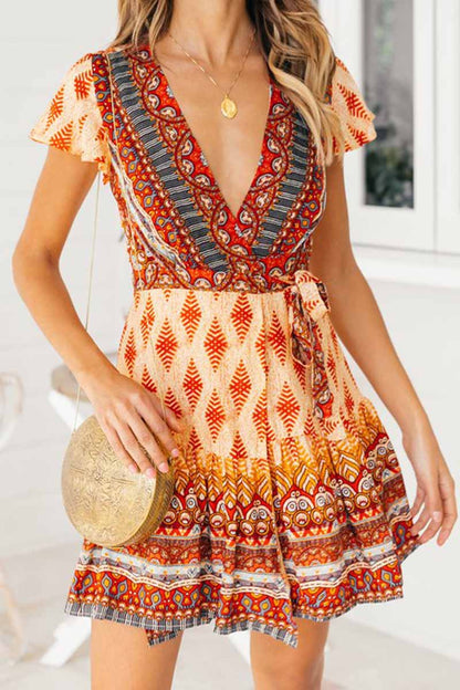 Spring And Summer Fashion Retro V-Neck Print Short Sleeves Mini Dress