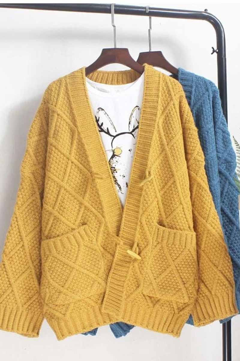 Solid Ribbed Horn Buckle Pockets Cardigan(4 Colors)
