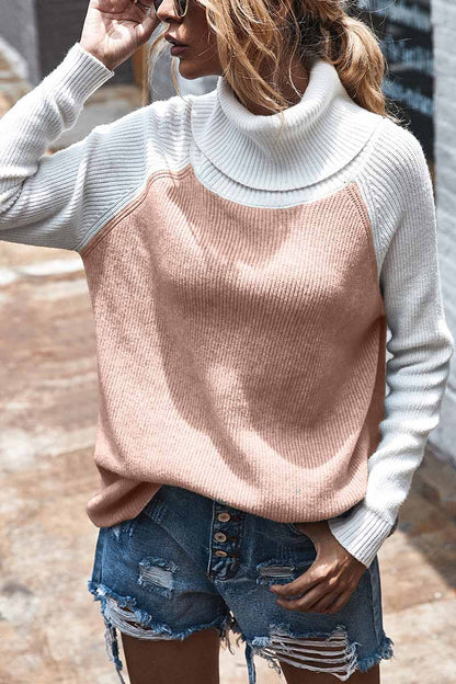 Contrasting High Neck Solid Sweater