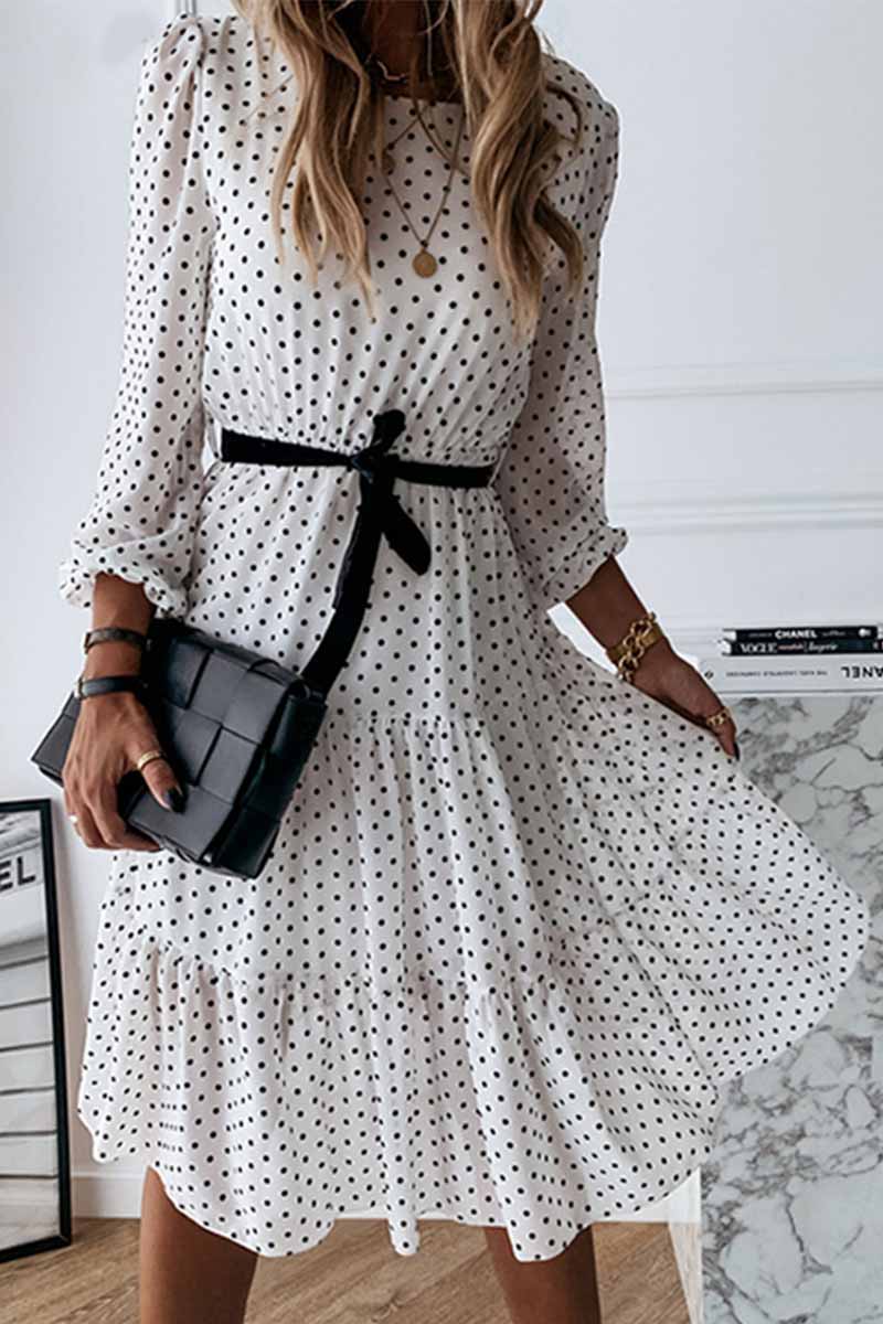 Elegant Dot Print Round Neck Tie Midi Dress