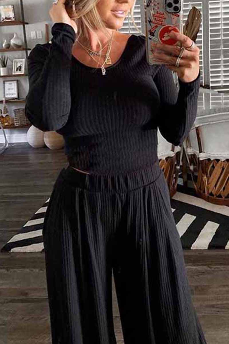 Two-Piece Round Neck Solid Color Long Sleeves Wide Legs(4 Colors)