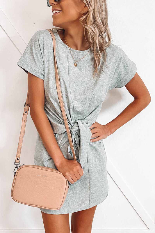 Loose Tie Solid Color Short Sleeves Mini Dress(6 Colors)
