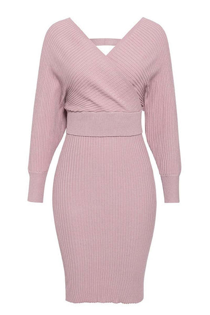 Vestido de lana sexy con cuello en V para invierno