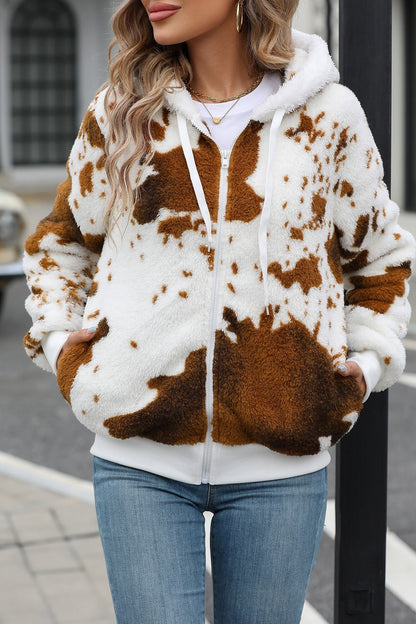 Plush Hooded Fleece Zippered Printed Coat