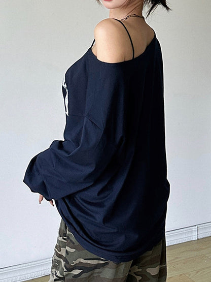 Vintage Blue Street Fashion Slope Neck Print Sweatshirts