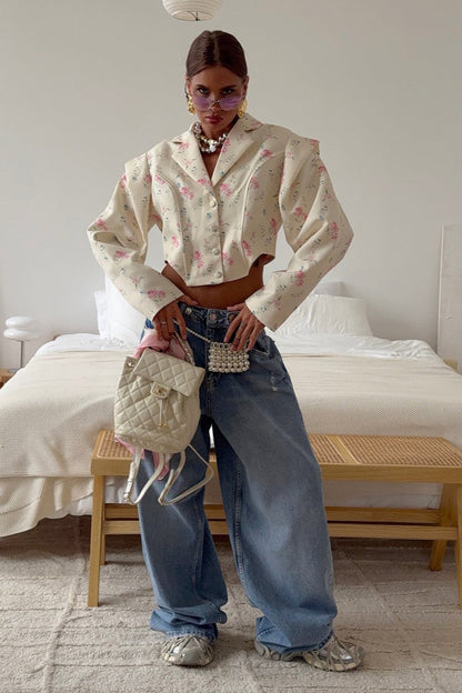 Floral Print Long Sleeve Blazer Coat