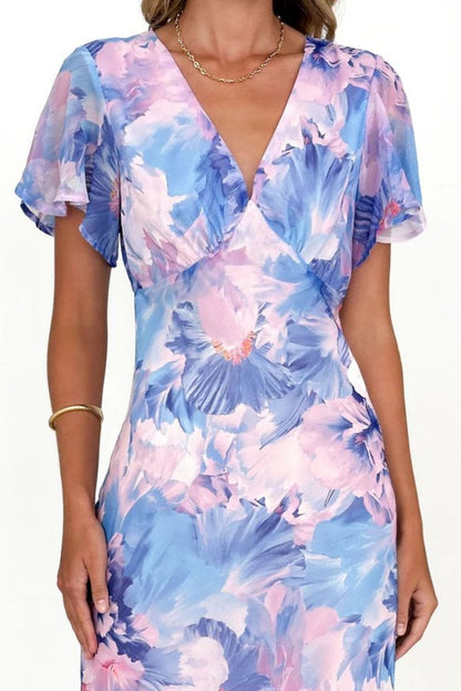 Abstract Print Short Sleeve Belted Wrap Midi Dress