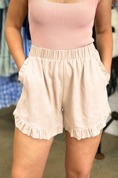 Elastic Waist Wide Leg Ruffle Cotton Linen Shorts