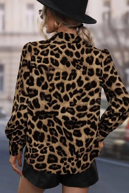 Leopard Print Slim Fit Bubble Sleeve Blouse