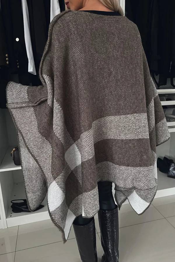 Calm and Elegant Knit Plaid Color Block Batwing Sleeve Loose Poncho