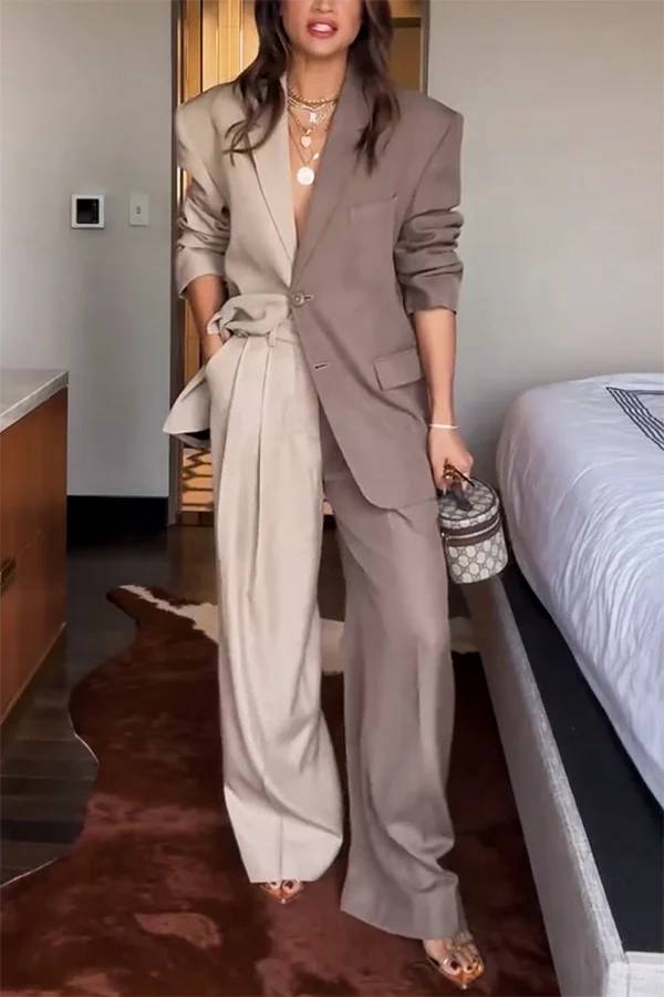 Girl Boss Avant-garde Contrast Colors Lapel Boyfriend Blazer and Pocketed Wide Leg Pants Set