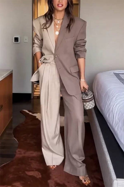 Girl Boss Avant-garde Contrast Colors Lapel Boyfriend Blazer and Pocketed Wide Leg Pants Set