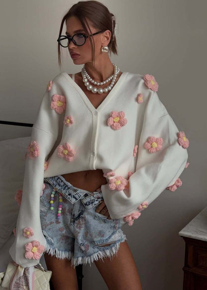 Blush Bloom - 3D Floral Knit Cardigan with V-Neck