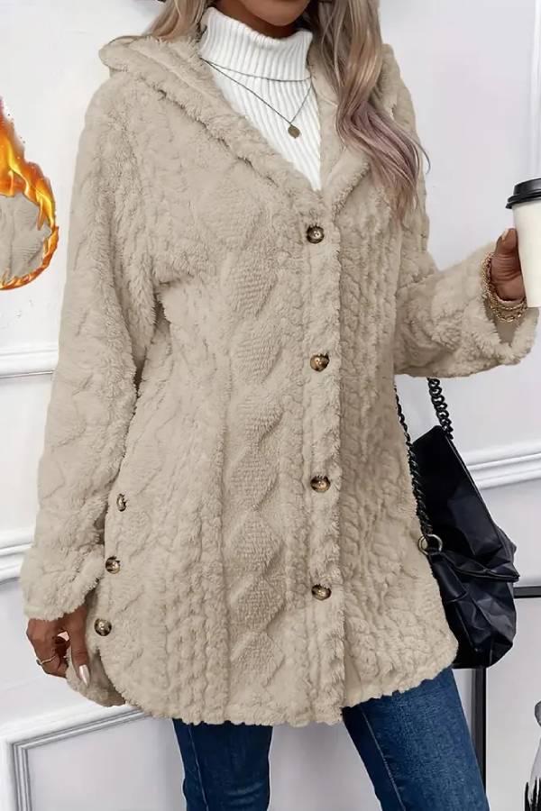 Abrigo de felpa con capucha y botones en la parte delantera con estampado texturizado de rombos