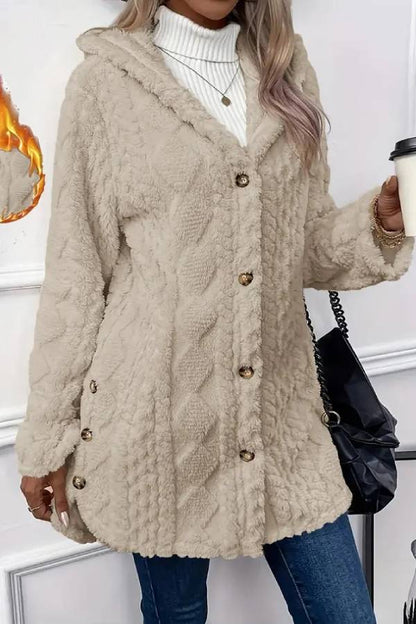 Abrigo de felpa con capucha y botones en la parte delantera con estampado texturizado de rombos