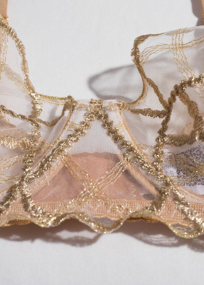 Golden Lace Three-Piece Lingerie Set – Sheer Bra, Garter & Thong