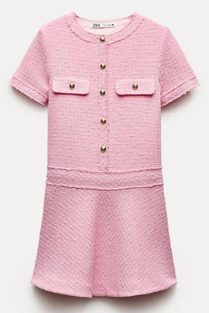 Vestido mini de tweed con textura de London Girl, manga corta, botones dorados y bolsillos, años 60