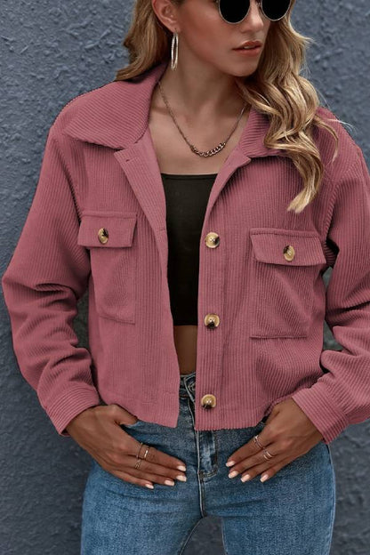 Flap Pockets Turn Down Collar Corduroy Shacket