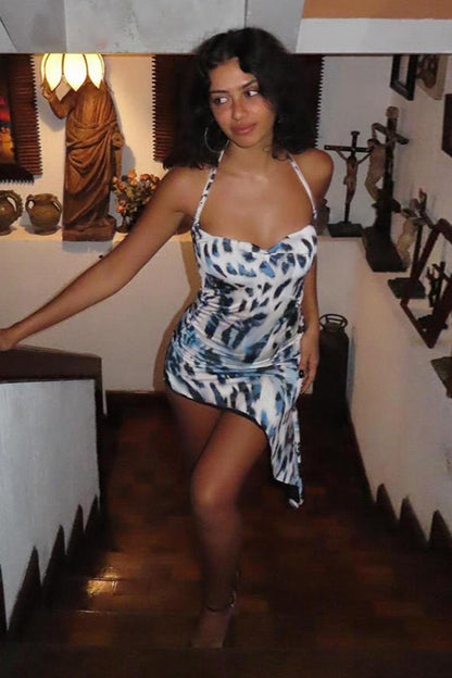 Asymmetrical Leopard Bodycon Halter Midi Dress