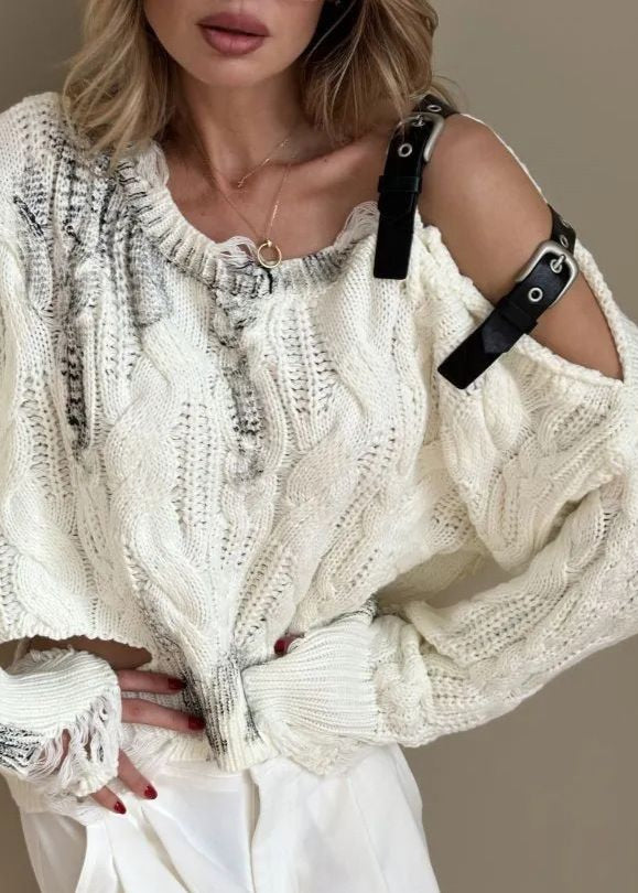 Sloane – Asymmetrical Cable Knit Sweater with Buckle Details