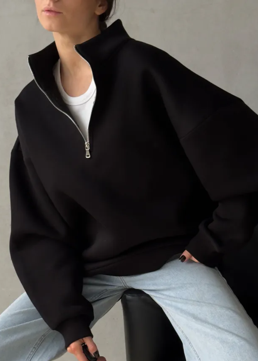 Crimson Chill - Oversized Half-Zip Sweatshirt with High Collar