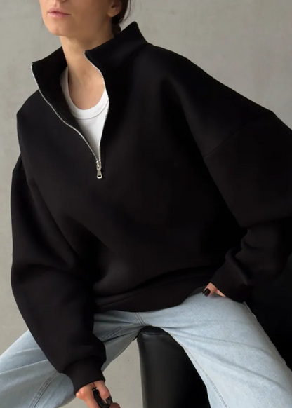 Crimson Chill - Oversized Half-Zip Sweatshirt with High Collar