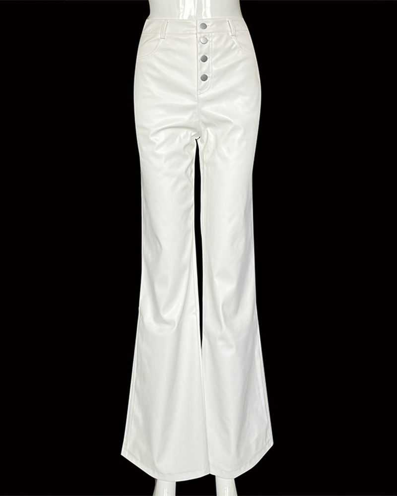 PU Pure Color High-Waisted Straight Casual Leather Pants
