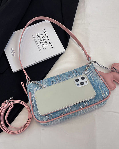 Sequined Denim Handle Underarm Shoulder Bag