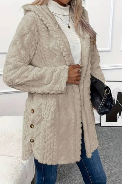 Abrigo de felpa con capucha y botones en la parte delantera con estampado texturizado de rombos