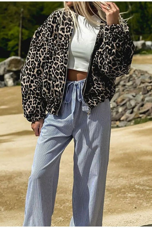 Animal Print Notch Collar Zip-Up Coat