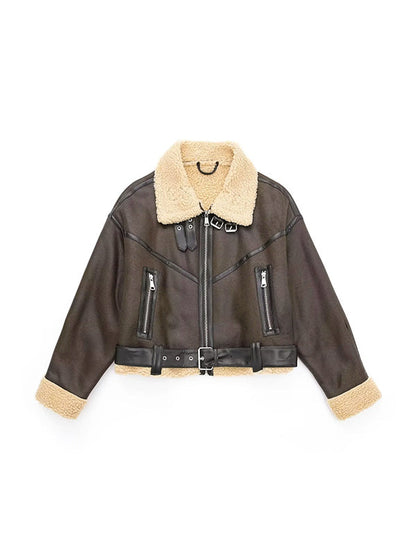 Classic Brown Lambswool Lined Leather Splice Short Jacket