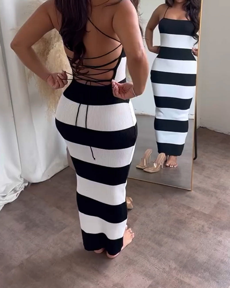 Striped Sexy Backpack Hip Jumpsuit Bodycon Dress（Flash Sale）