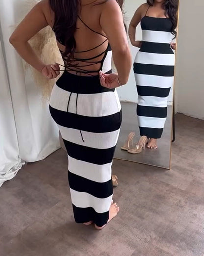 Striped Sexy Backpack Hip Jumpsuit Bodycon Dress（Flash Sale）