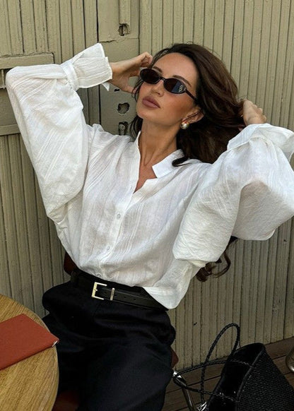 Averine - White Button-Up Shirt with Statement Balloon Sleeves