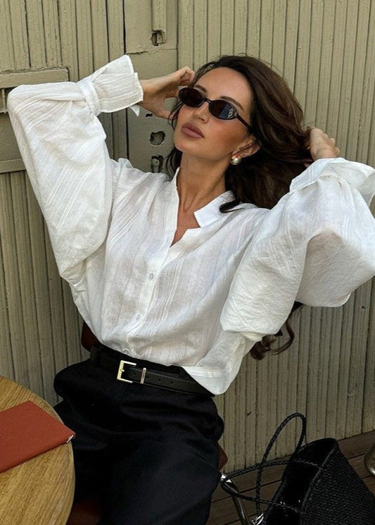 Averine - White Button-Up Shirt with Statement Balloon Sleeves