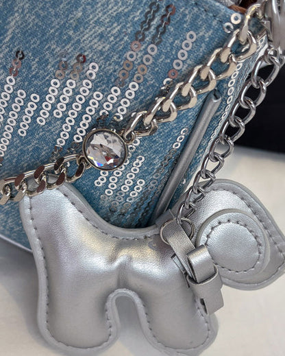 Sequined Denim Handle Underarm Shoulder Bag