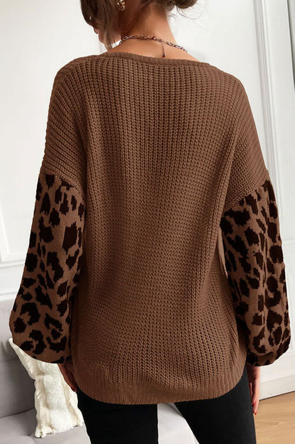 Slouchy Leopard Splice Knit Sweater
