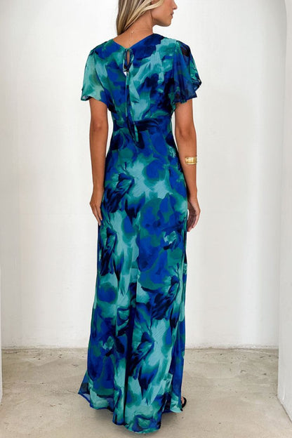 Abstract Print Short Sleeve Belted Wrap Midi Dress