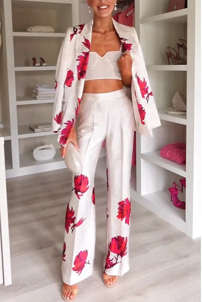 Pantalones de satén con estampado floral, cintura alta y bolsillos elásticos para asistencia especial