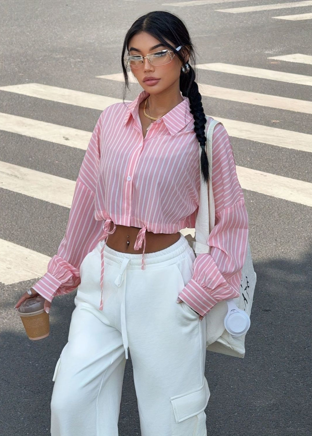 Savina - Striped Button-Up Drawstring Crop Shirt