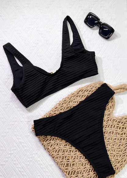 Onyx Luxe Ribbed Bikini Set with Gold Accents