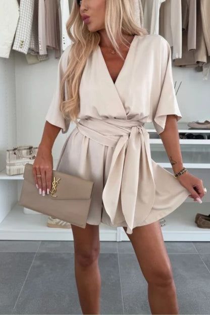 Mono holgado con cuello en V, mangas anchas y lazo, elegante y cómodo