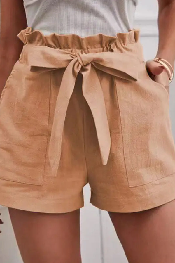 Casual Loose Solid Color Elastic Waist Tie Shorts