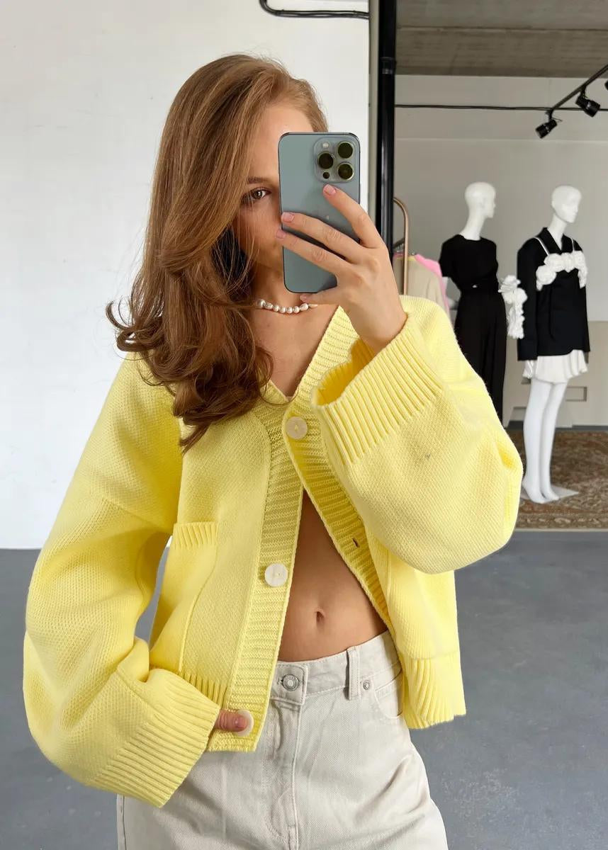 Bright Yellow Oversized Cardigan - Women’s V-Neck Knit Sweater