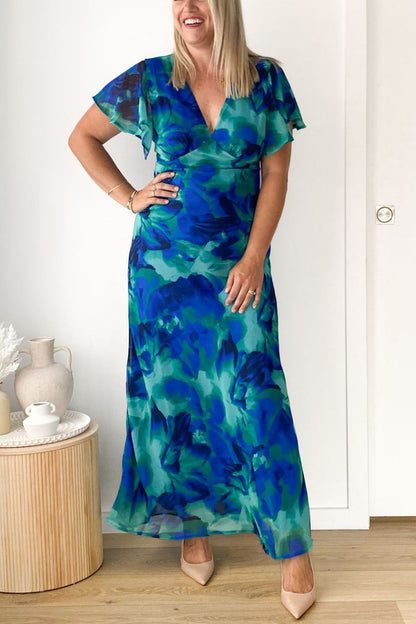 Abstract Print Short Sleeve Belted Wrap Midi Dress