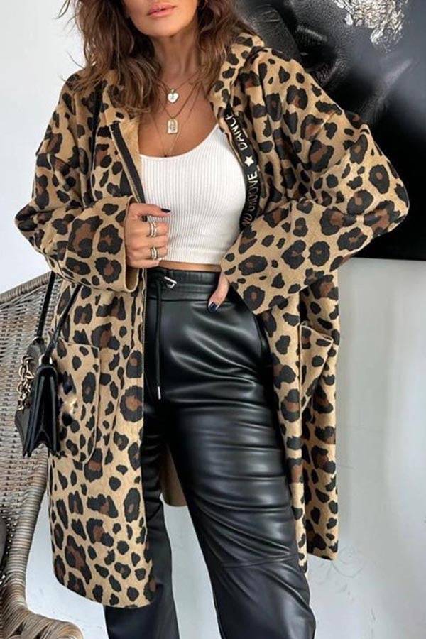 Fall Dreaming Animal Print Zipper Pocket Loose Hooded Midi Coat