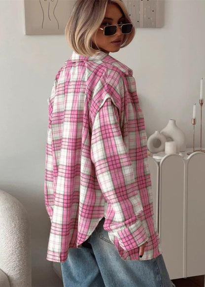 Aubrey - Pink Plaid Snap-Front Oversized Shirt
