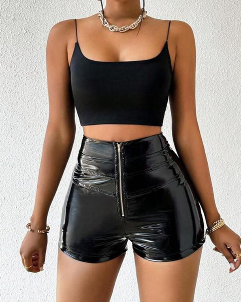 PU High-Waisted Elastic Splicing Shorts