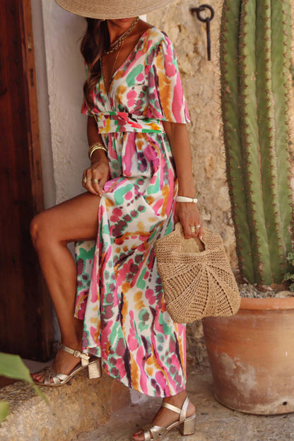 Vestido largo bohemio con cuello en V y estampado tie-dye